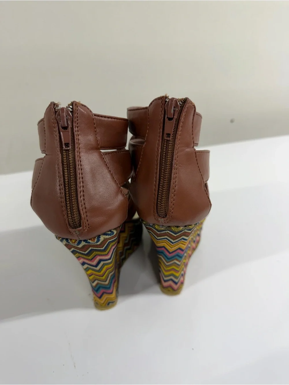 Brown Strappy Wedge Sandals with Chevron Pattern
